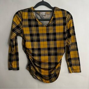 Yellow and Black Plaid Kids V-Neck Top